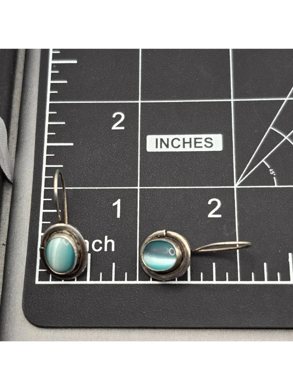 Vintage Sezgin Sterling Silver Blue Cats Eye Drop Earrings Modernist Dangle - Picture 11 of 12